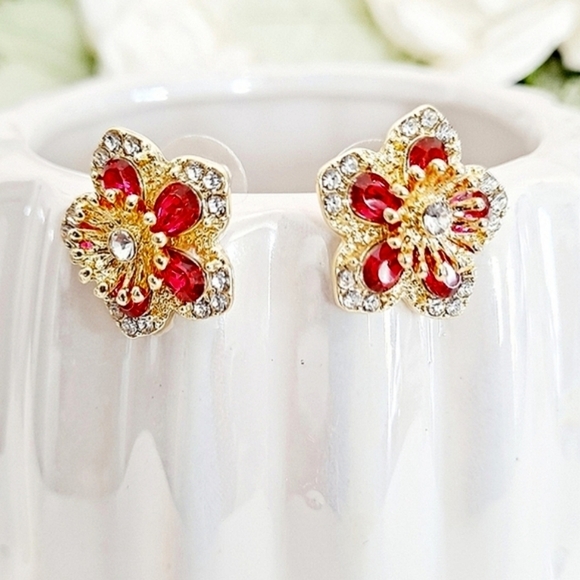 💖 2/$30 Womens boho Floral Rhinestone red gold elegant Stud cocktail Earrings - Picture 6 of 15